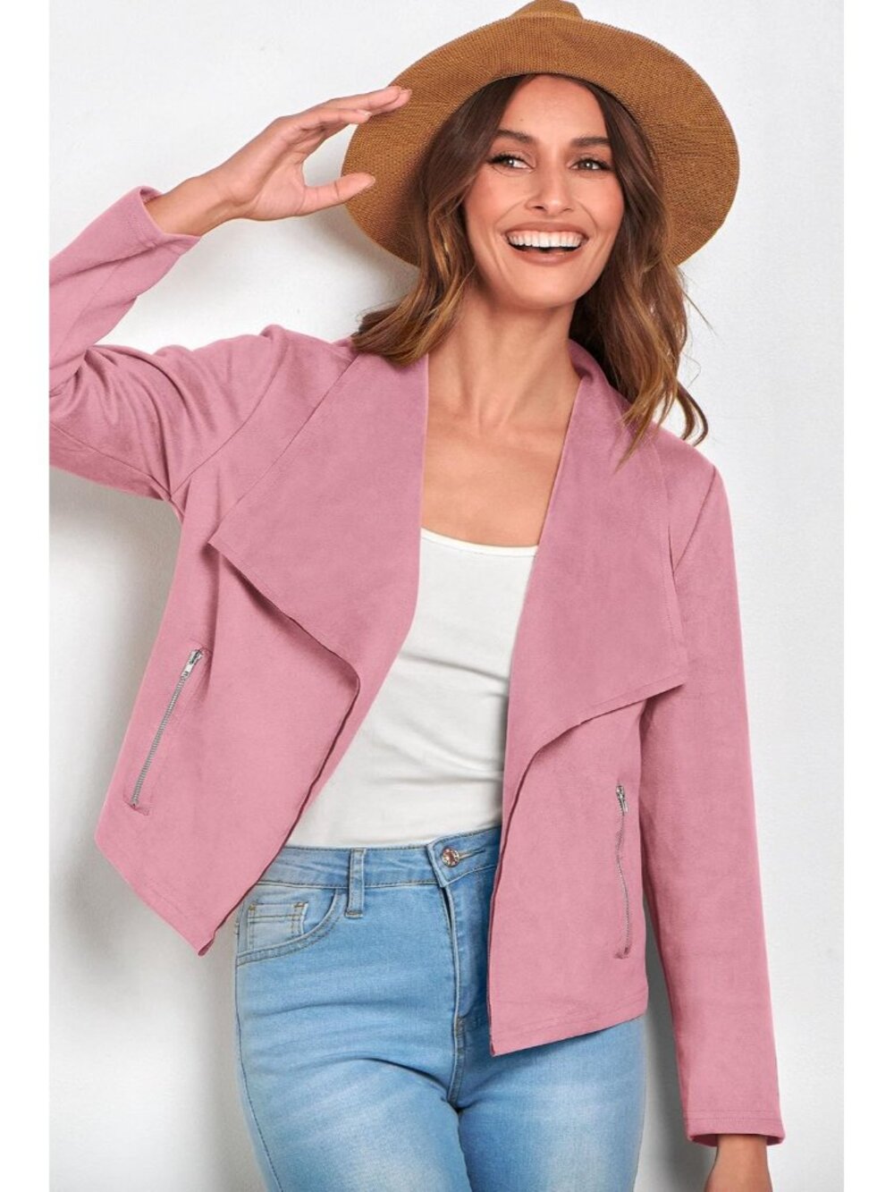 Women’s Pink Faux Suede Waterfall Collar Front Imported Cropped Jacket - Picture 5 of 6